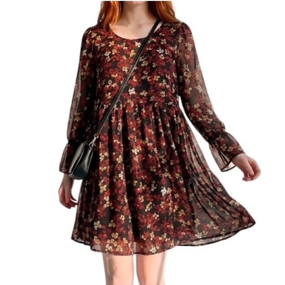 Free People Flare Floral Babydoll Dress Bell Sheer Long Sleeve Boho Romantic